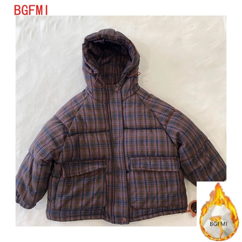 Teenager Boys Plaid Hooded Zipper Thickened Wool Inner Parka Jacket Winter Baby Girl Warm Cotton Coat Overcoat  2-11T Outerwear