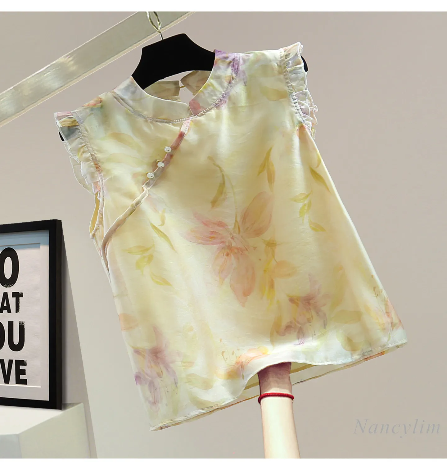 New Chinoiserie Fungus Edge Stand Collar Vest Top, 2026 Summer Slimming Look Retro Printing Casual Women's Sleeveless Cheongsam