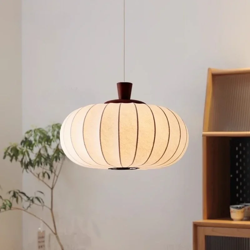 

French medieval bedroom pumpkin silk lamp Wabi Sabi style retro wooden Japanese restaurant study pendant light