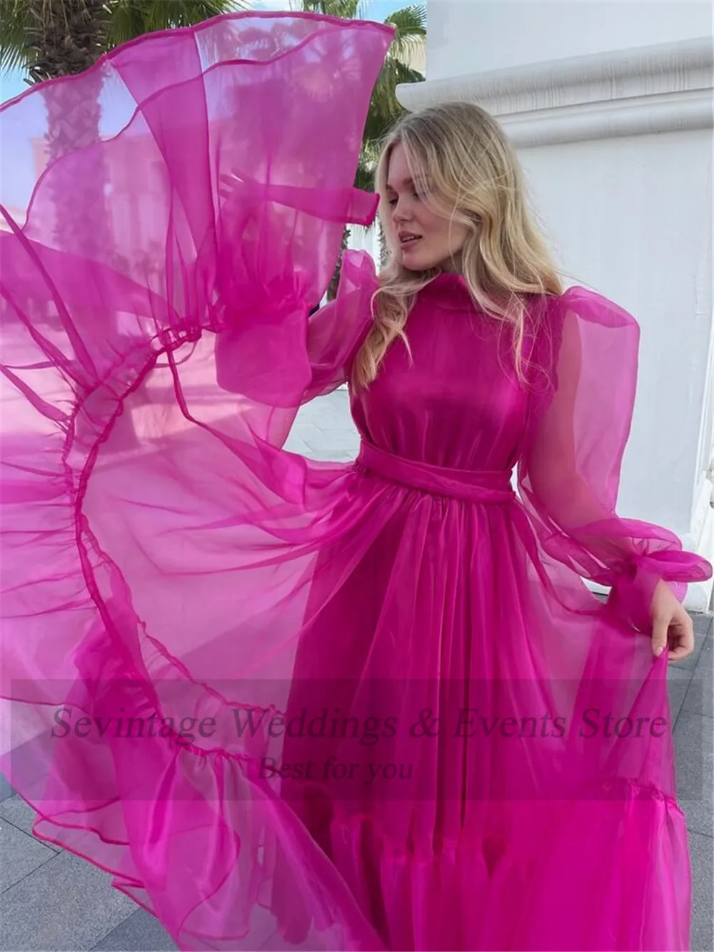 Sevintage A Line Fuchsia Organza Midi Prom Dresses Long Puff Sleeves High Neck Pleats Women Evening Gowns Party Dress with Sash