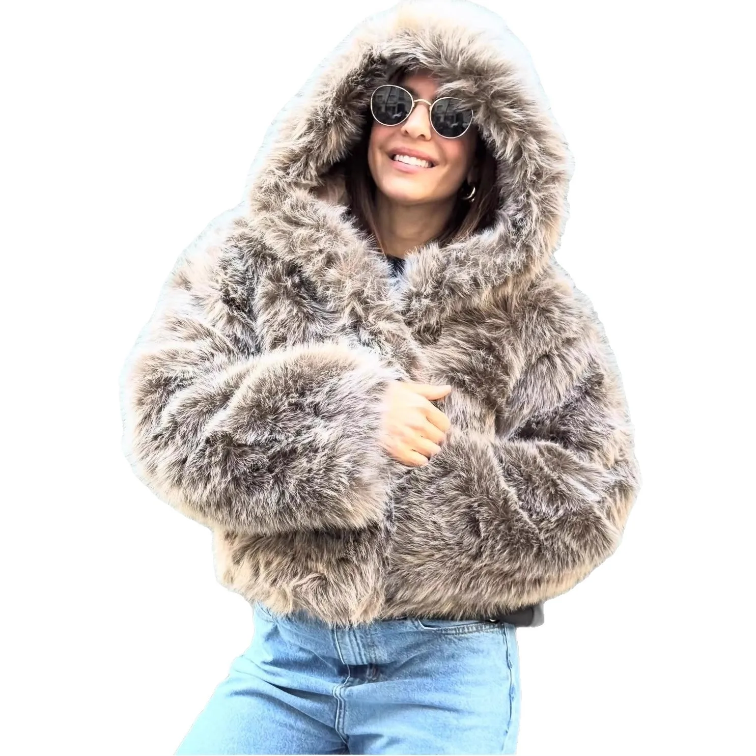 KIDCRKJ الشتاء النساء فو الفراء سترة التدرج الفراء مقنعين سيدة ايكو فو الفراء أبلى مريحة رقيق فو الفراء معطف للإناث