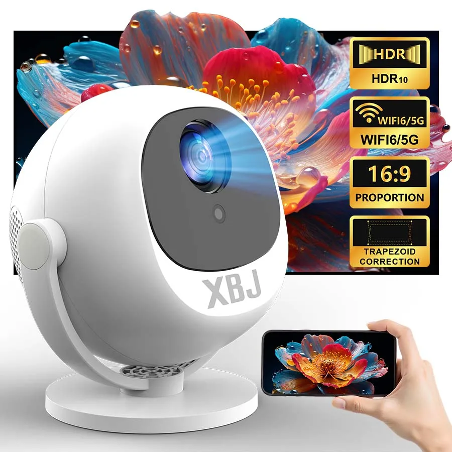 XBJ Mini  4K Home Theater Projector, Android WiFi 6 BT 5.0 Auto Keystone 360° Rotation Portable Video Projector for Outdoor Home