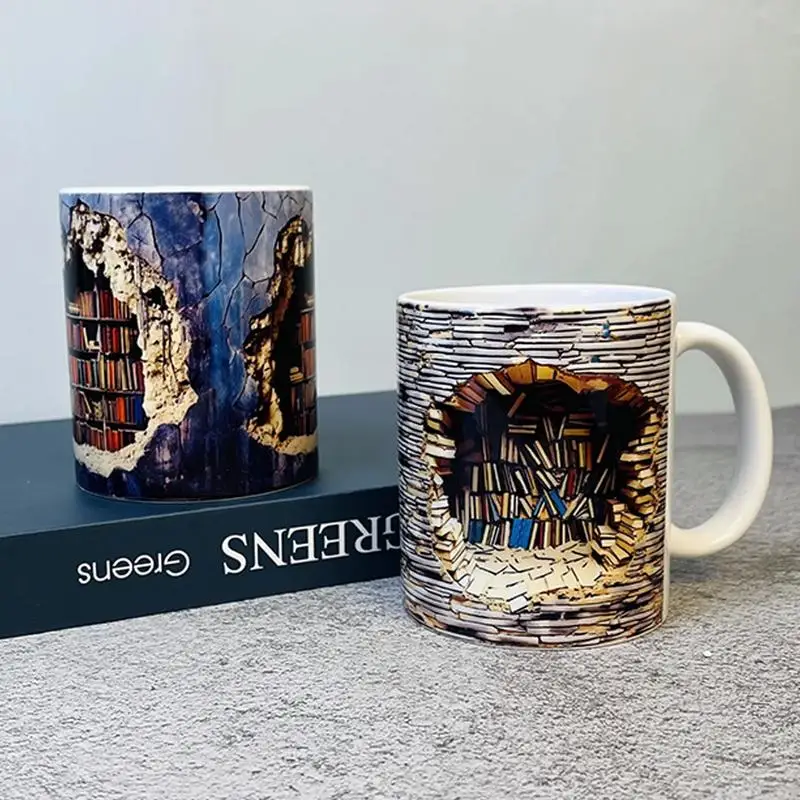 Creative 3D Bookshelf Mug Ceramic Coffee Mug Tea Cup 3D Effect Wall Crash And Book Shelf Cup For Book Lovers Birthday Xmas Gifts