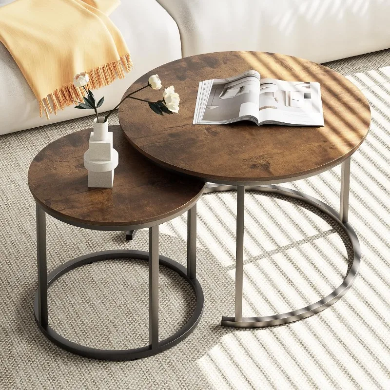 Coffee Table Nesting Round Table Set of 2 Side Table with Sturdy Metal Frame for Living Room Bedroom Apartment Modern Ind