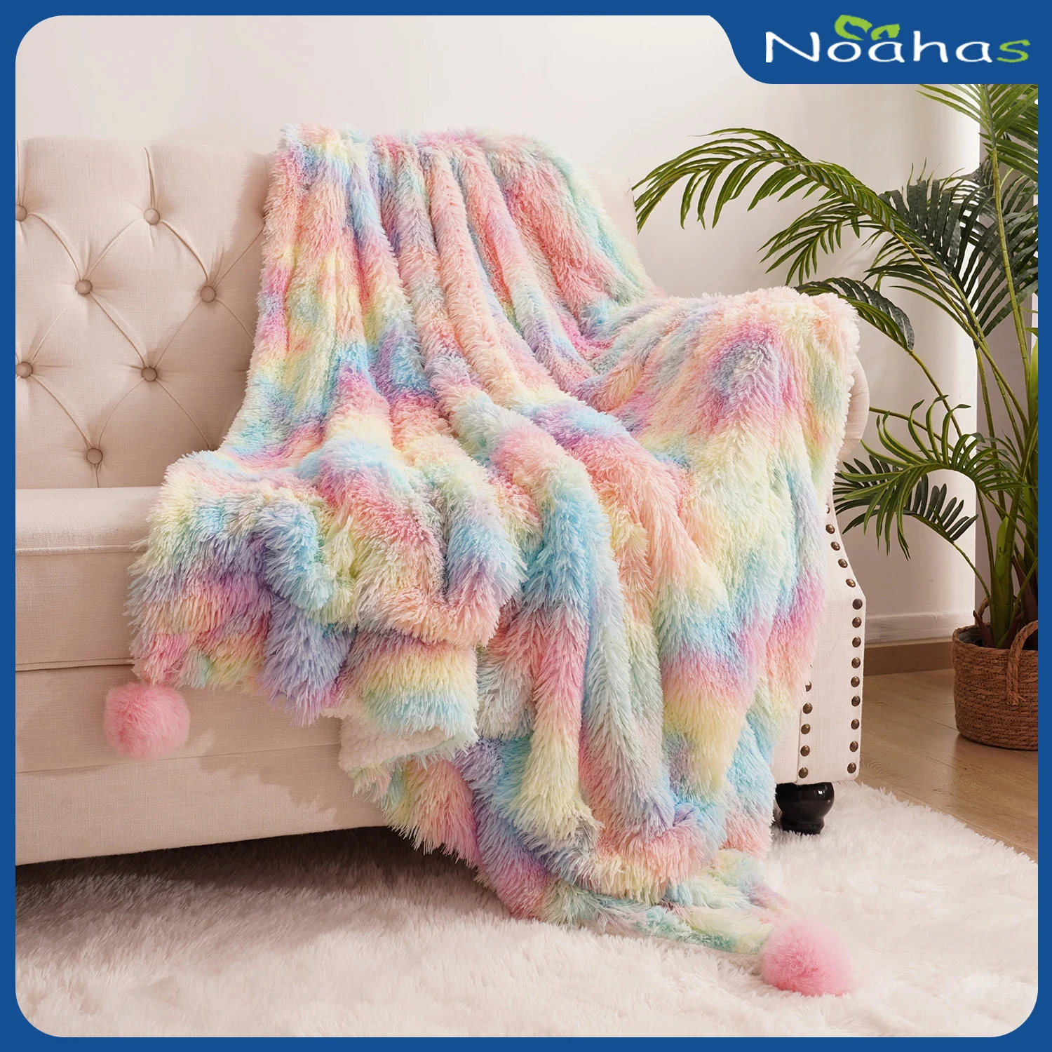 NOAHAS Colorful Plush Hairy Thick Large Blanket Bedding Sofa Cover Furry Fuzzy Throw Blanket with Pom Poms For Decorative Sofa