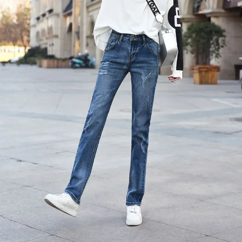 

Women Straight Pants 2024 Korean Fashion Casual Mid Waist Ripped Denim Trousers Spring Summer Stretch Jeans Woman