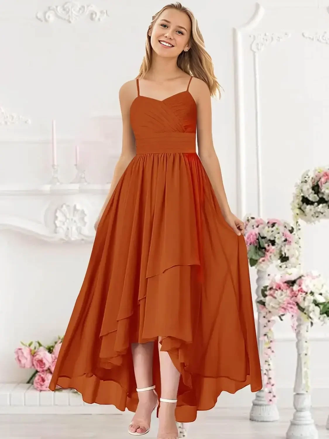 결혼식을 위한 메이드 오브 아너 드레스 결혼식을 위한 신부 들러리 드레스 하이 로우 쉬폰 플리츠 스파게티 스트랩 공식 파티 가운