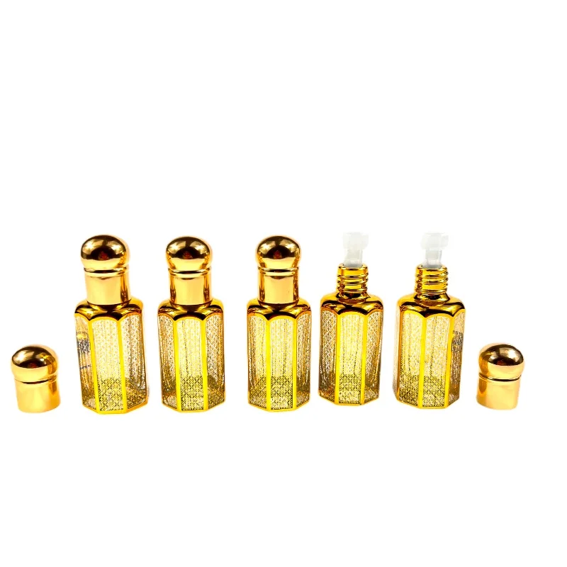 

12ml Attar Oud Essential Oil Bottle with Dropper Stick Gold Stamped Octagonal Refillable 3pcs