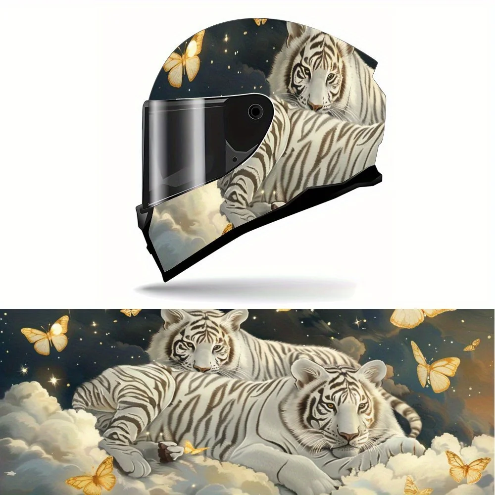 

Ethereal White Tiger & Butterfly Accents Motorcycle Helmet Vinyl Wraps Decal, Self-adhesive Waterproof Helmet Decoration, DIY Gr