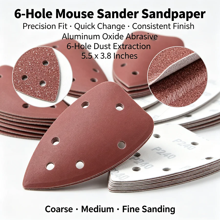 60pcs 6-Hole Triangular Detail Mouse Sander Sandpaper Hook & Loop Sand Sheets for Palm Sander Wood Metal Finishing 240/600 Grit