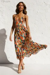 2024 Summer Printed Dress For Women Sexy Spaghetti Strap Boho Beach Vacation Sundress V-neck Backless Dresses Femme Vestidos