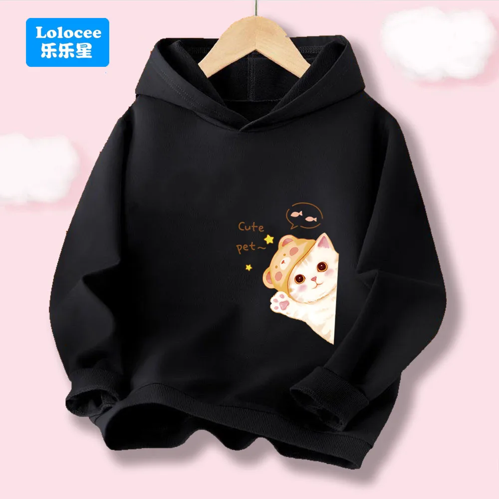 Langärmeliges Kapuzenoberteil für kleine Mädchen mit niedlichem Katzenmuster, modisches Kapuzensweatshirt für Schülerinnen.