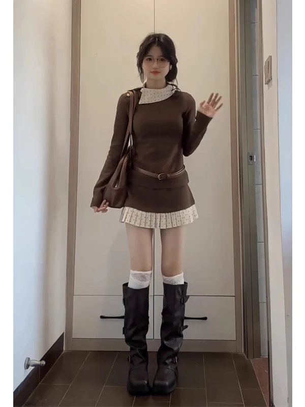 

Korean High-End Slimming Splice Collar Knitted Top And ort Skirt Women's Faion Set Casual Sle Comfortable Winter Outfit