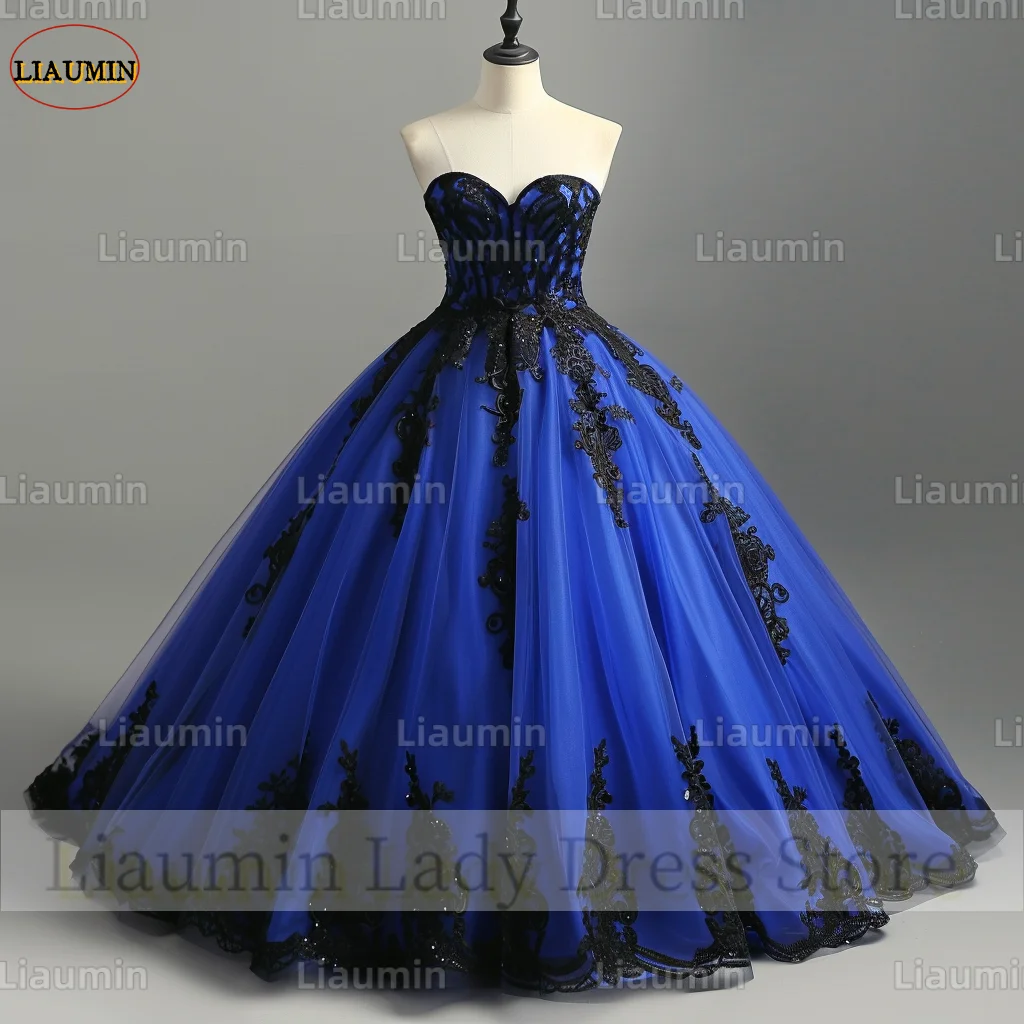 Classic Simple Blue And Black Tulle Lace Strapless Ball Gown Prom Formal Dresses Evening Party Lace Up Back Custom Made A4-2.2