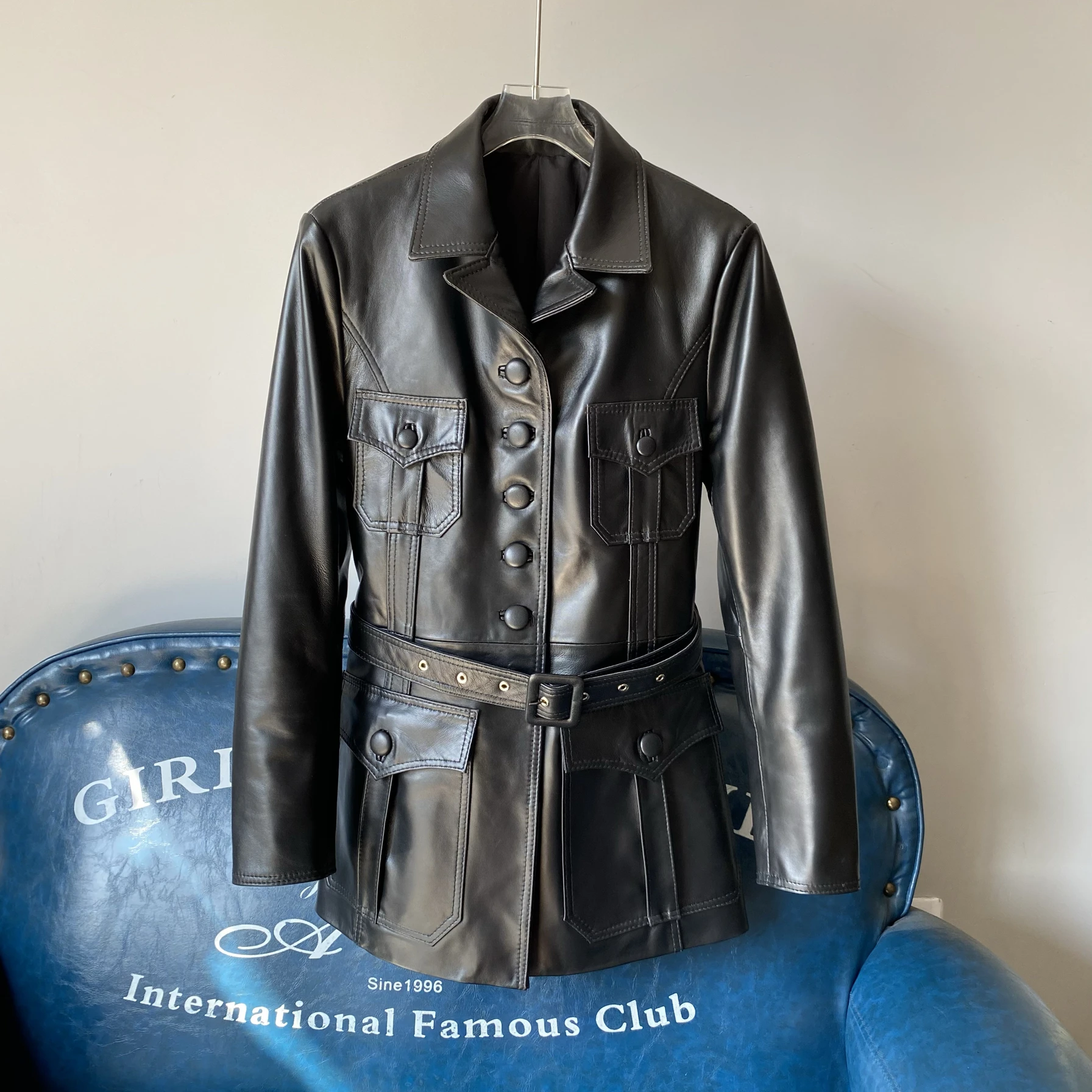 Spring 2025 Women's Mid-Length eepskin Leather Jaet Loose Slimming Vintage Versatile Waist-Cinching Trendy Outerwear