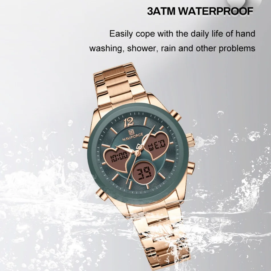 حزمة الهدايا NAVIFORCE الأصلي الجديد للسيدات فستان كوارتز تاريخ ساعة موضة ساعة حزام ناقل من الفولاذ ساعة يد نسائية بسيطة عادية