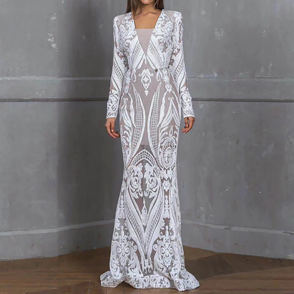 

Cakrisyal Lace Embroidered Evening Women Dress See-Through Long Sleeve V-Neck Long Sleeve Slim Wedding Female Party Maxi Dresses