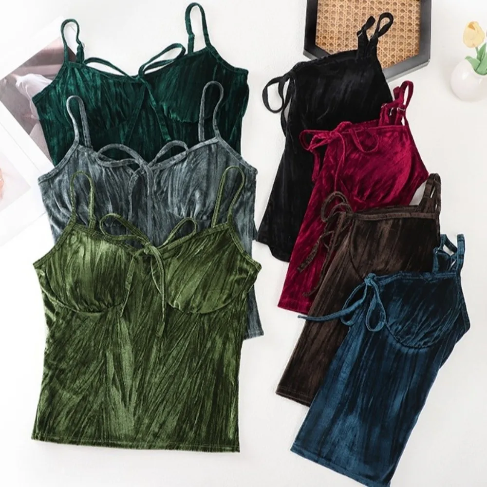 ระบายอากาศด้วยเบาะหน้าอกกํามะหยี่ยกทรงกุทัณฑ์ไม่ร่องรอยกํามะหยี่รัดตัวสลิมฟิตเสื้อครอปแขนกุดทุกวัน