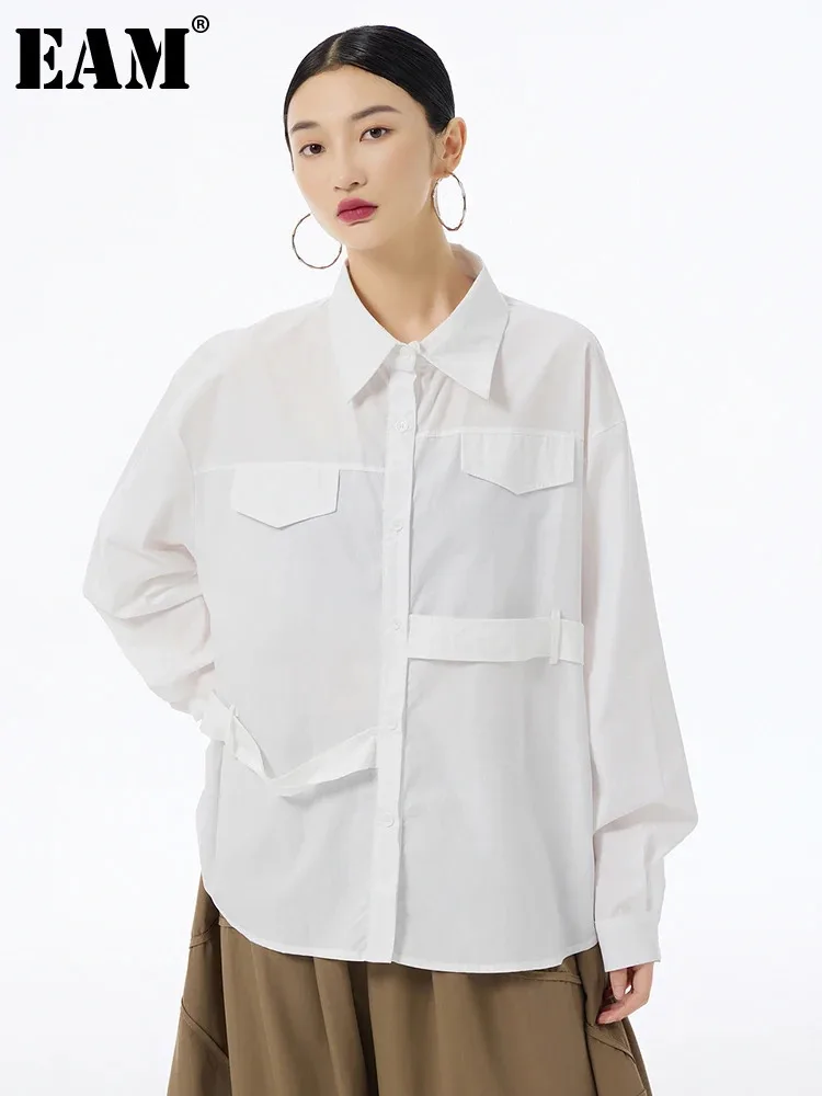 [EAM] Women White False Pocket Big Size Casual Blouse New Lapel Long Sleeve Shirt Fashion Tide Spring Autumn 2024 1DH6683