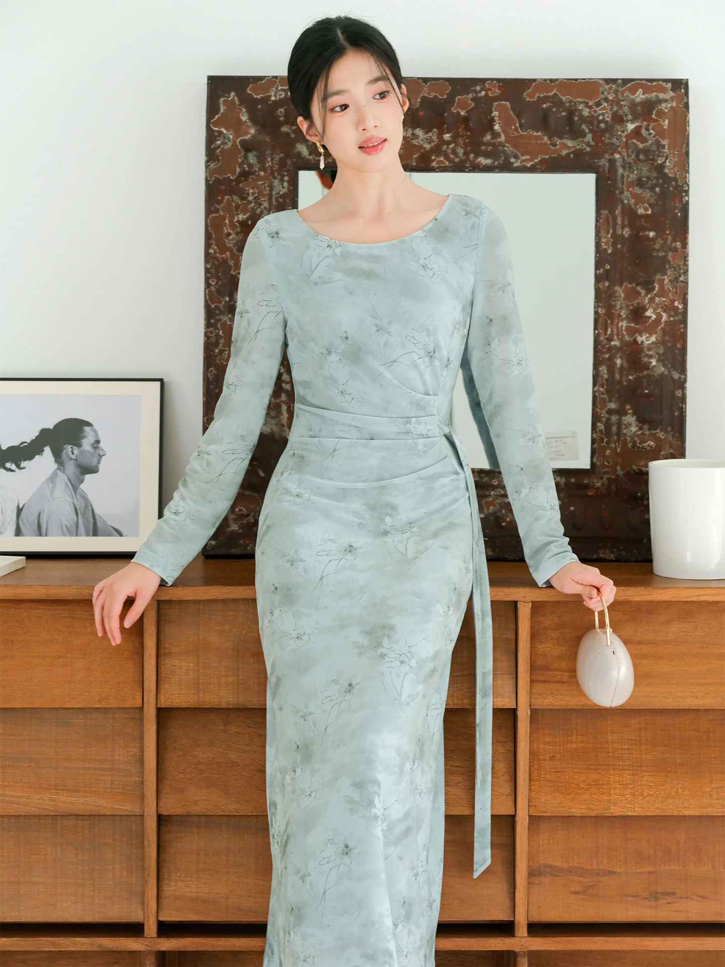 Vestido Midi de Punto con Estampado de Estilo Chino Moderno ChuChan para Mujer, Manga Larga, Estilo Vintage Mejorado, Primavera 2026