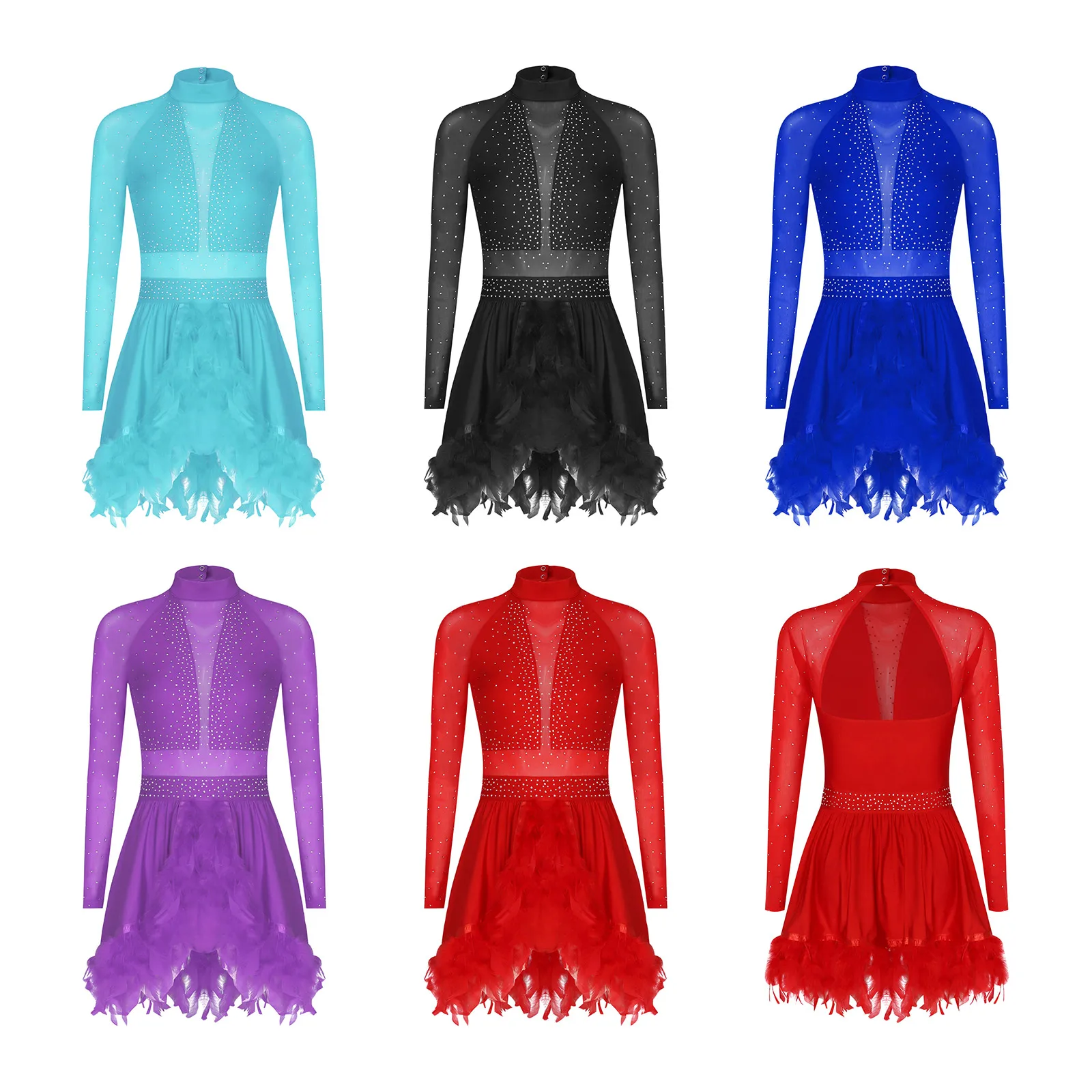 Frauen Glänzende Strass Eiskunstlauf Kleid Sheer Mesh Langarm Trikot Tutu für Lyrical Dance Gymnastik Ballett Akrobatik