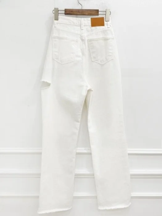 

Джинсовые брюки с высокой талией и широкими разрезами на одной пуговице, шикарные летние универсальные длинные брюки с потертостями для молодых женщин