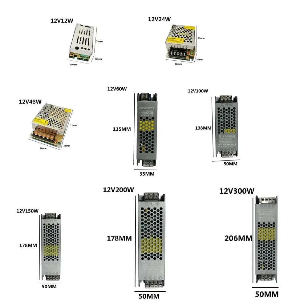 Ultracienki zasilacz impulsowy 110V-240V Zasilacz LED Taśma świetlna SMPS, DC12V 24V 36V 48V 60W 120W 300W Transformator AC