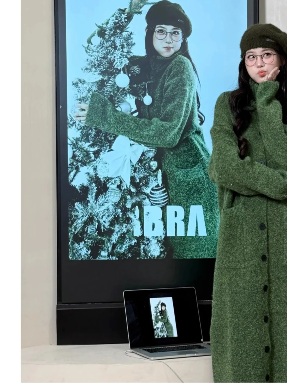 

Green Long Open Cardigan Knitted Dress Women's Autumn Winter Slimming Meat Covering Straight Long Sleeve Dress Collar