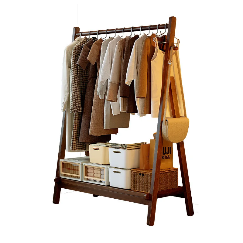 

Solid wood hanger shelf floor-to-ceiling bedroom hanger household bag hanger mobile drying clothes simple rack