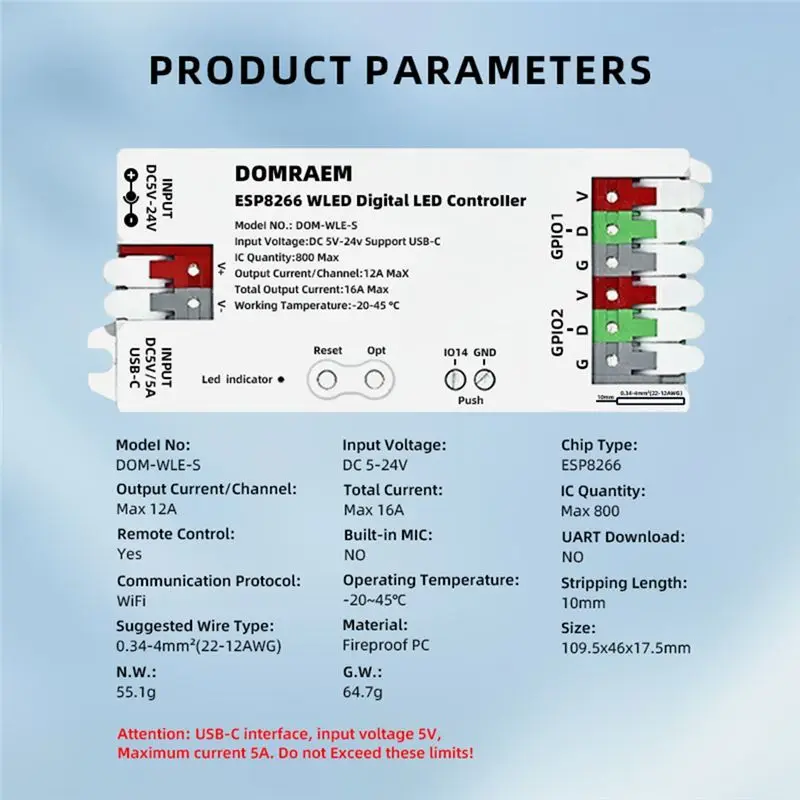 DOMRAEM Type-C RGB Light Strip Controller, Works With WS2811, WS2814, WS2805, DC5-24V Compatible