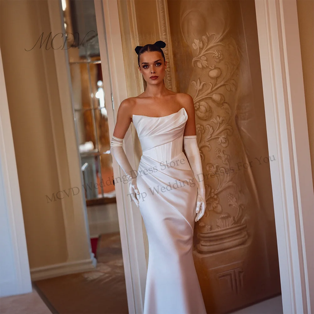 2026 Elegant Strapless Wedding Dress Mermaid Satin Ruched Bodice Reception Bridal Gown Backless Vestido De Novia Customized