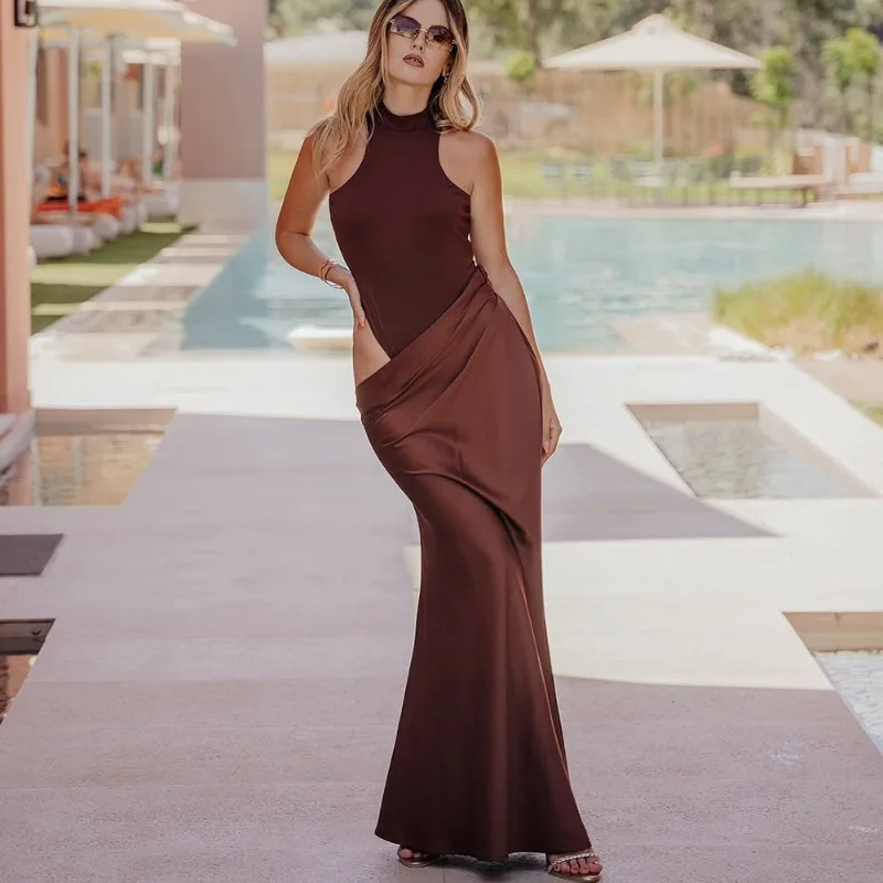 Talenza Satin Sexy Aushöhlen Frauen Maxi Kleid Schwarz Ärmellose Hohe Taille Kleid Weibliche Herbst Dünne Elegante Party Clubwear