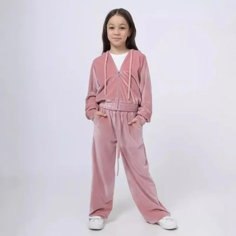 

2025 Spring Autumn Kid Girl Velvet Tracksuit Children Girls Sweatsuit Set Zipper Hoodie 2pcs Baby Coat＋Pants Toddler Outfits