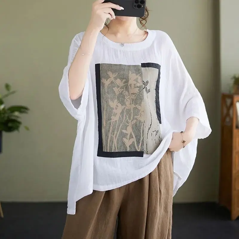 

Harajuku Round Neck Lady Summer Short Sleeved Large Size Loose Printing Affordable All-match Comfortable Bat Sleeve T-shirt