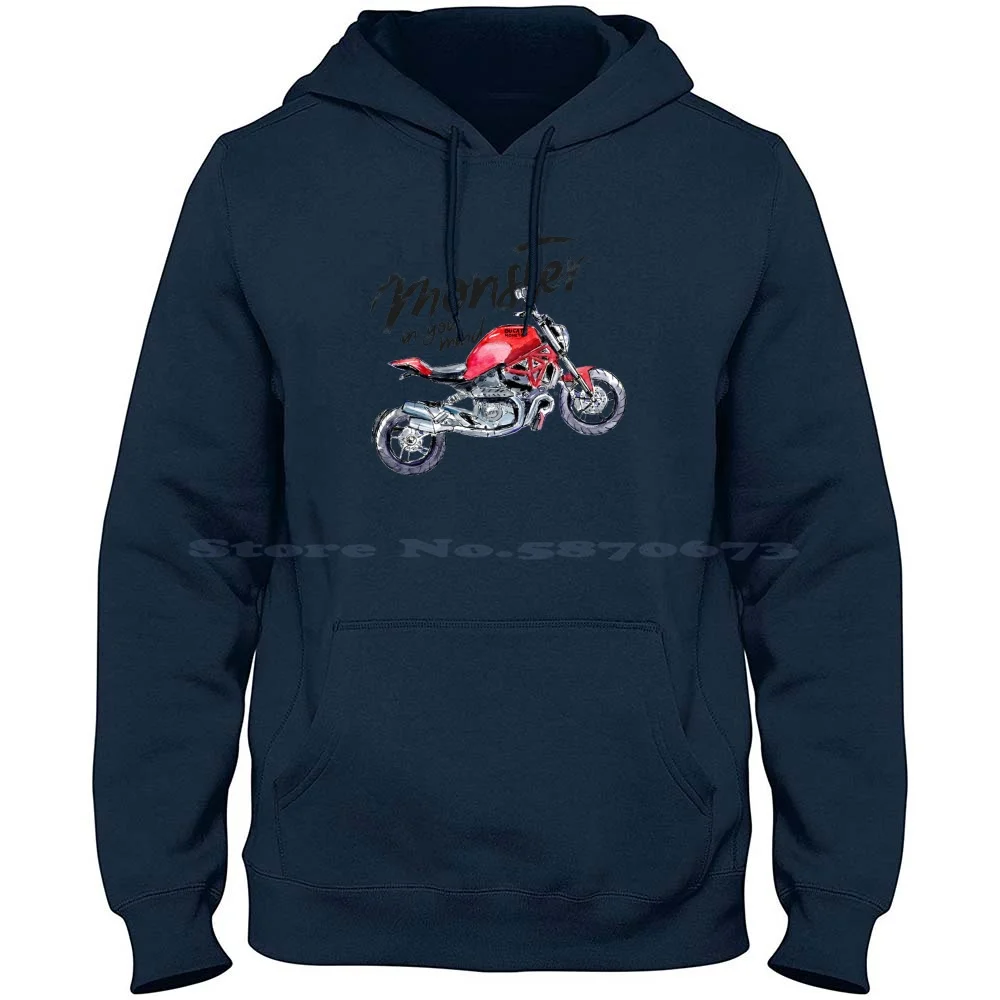 Hand Drawn Monster Sketch 100% Cotton Hoodie Motorcycle Motorbike Club Design Art Wotercolor Motorbike Spot Bike Sport