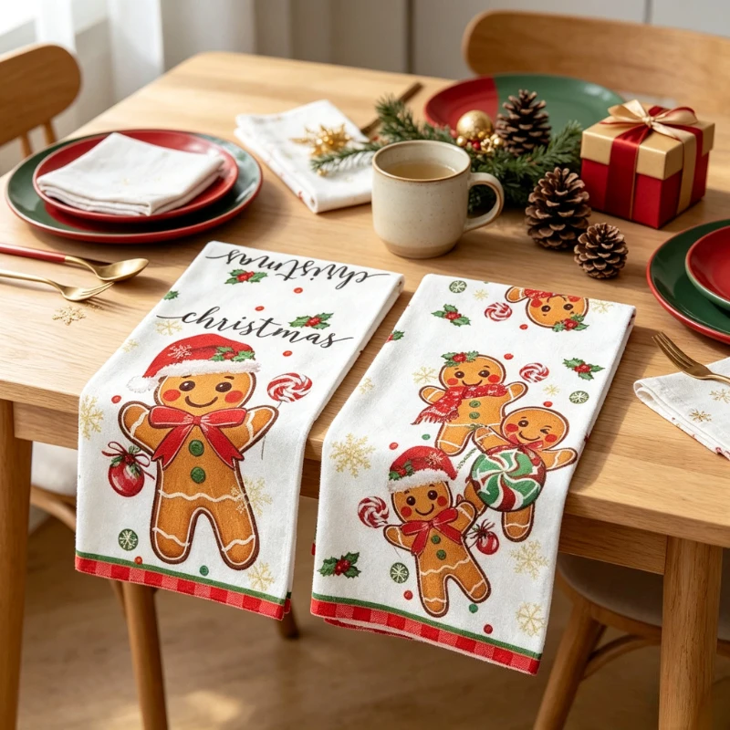 2/6pcs Christmas Gingerbread for Man Kitchen Towels - 40x60cm Festive Santa Hat & Scarf Design, Durable Dishcloths for Holiday