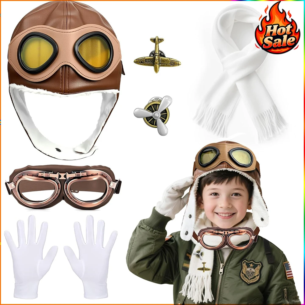 

Pilot Role Play Dress Up Set Aviator Goggles Pilot hat Vintage Badges Cotton Scarf Gloves for Career 1930s Halloween Cosplay