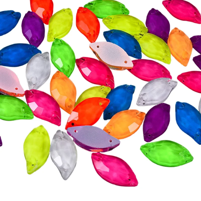 

24pcs 9 * 20mm leaf shaped fluorescent glass sewing rhinestone suitable for clothing decoration DIY decorative accessories