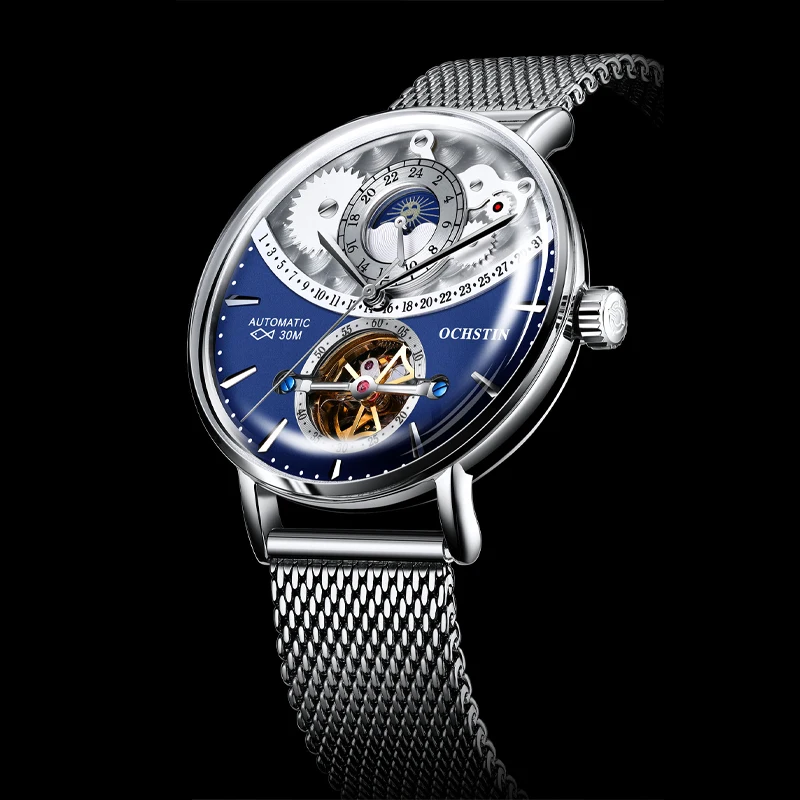 

OCHSTIN автоматические мужские часы Mechanica, сетчатый браслет из нержавеющей стали, роскошные часы с турбийоном и фазой Солнца и Луны, минималистичный дизайн