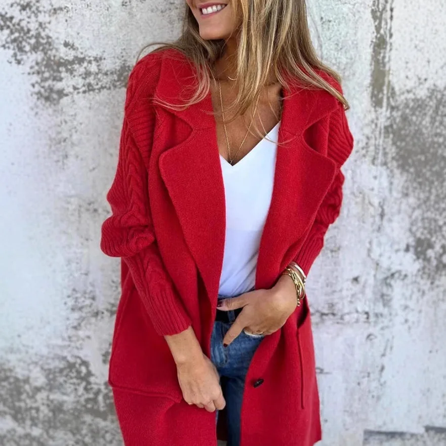 

2025 Newe Women's Knitted Jacket Twist Solid Color Suit Collar Loose Simple Fashion Button Cardigan Pocket High Street Sweater