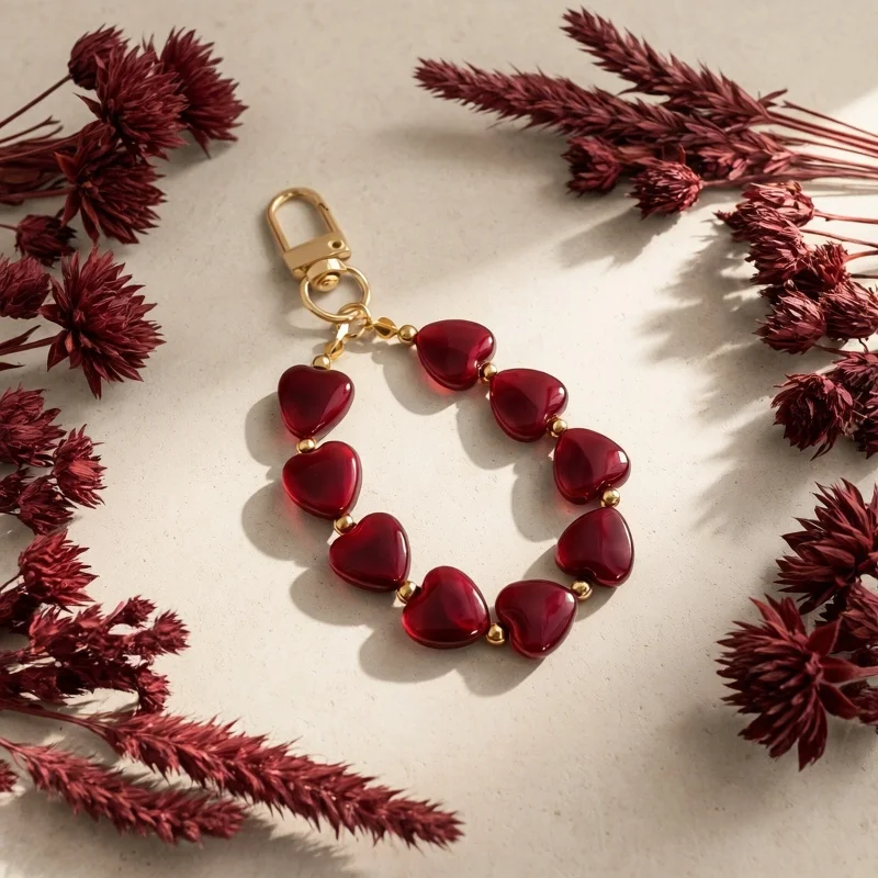 Fashion Resin Heart Beads Bag Charm Gold Clasp Keychain Cute Love Wrist Strap Pendant Handmade Accessory Gift for Women Girls