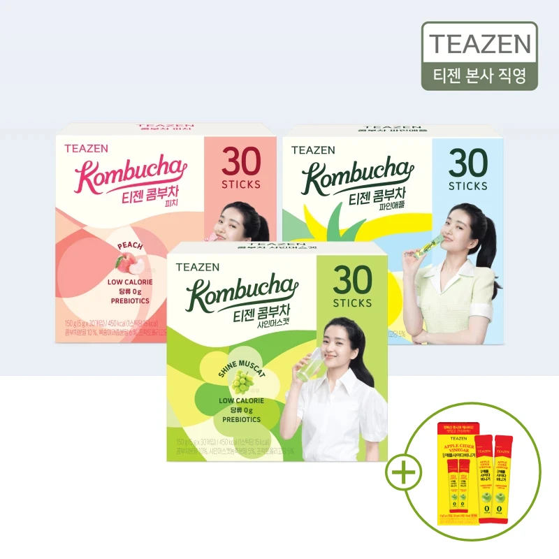 [1 Month Pack] Teazen Kombucha Peach 30 Sticks + Pineapple 30 Sticks + Shine Muscat 30 Sticks
