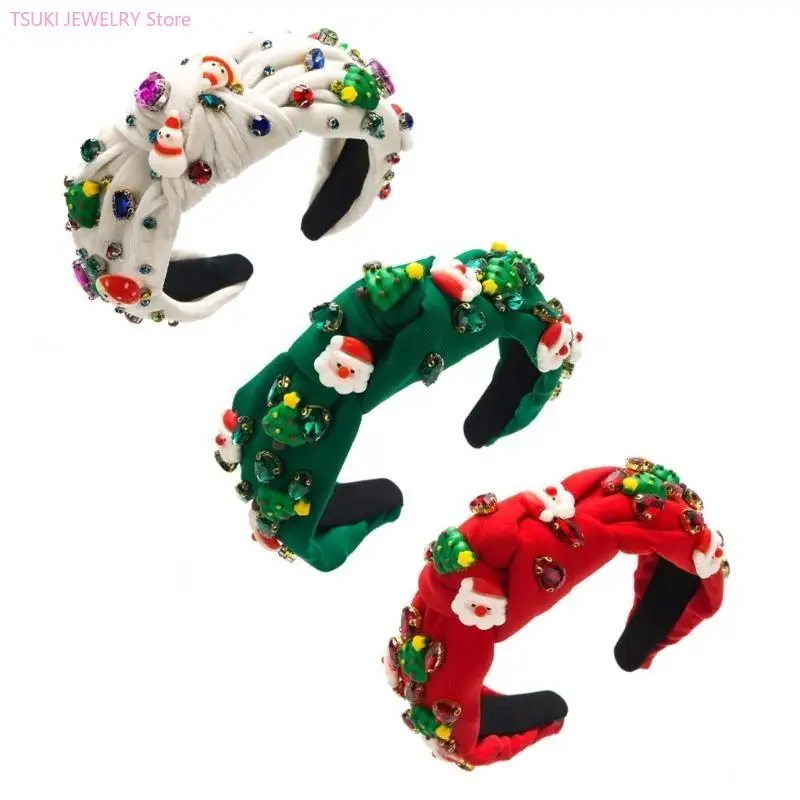 

62KE Рождественская повязка на голову с тонким узлом и широкими полями для волос со стразами для женщин и подростков, мытье для