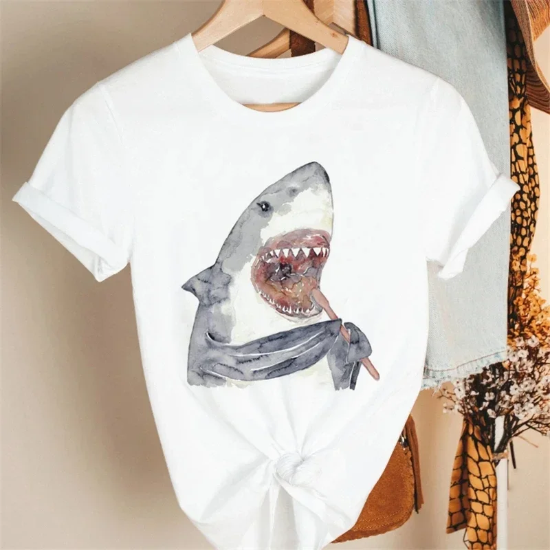 Cartoon Blue Whale Print t-shirt Cotton Retro Harajuku abbigliamento a maniche corte Top Y2k t-shirt Summer Harajuku Large t-shirt