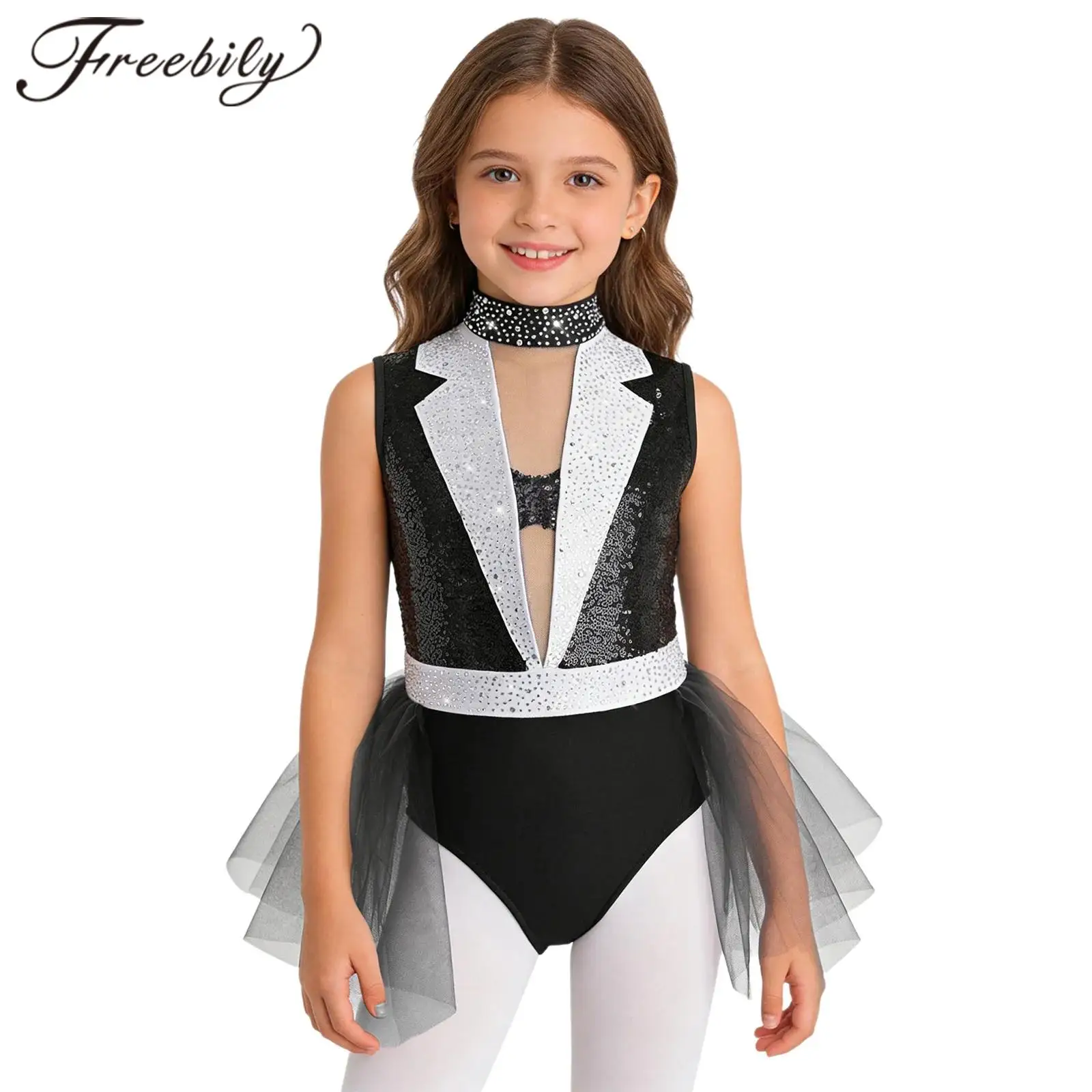 

Children Tuxedos Bodysuits Tulle Skirted Leotard Jazz Ballet Dance Costume Kids Girls Sequin Sleeveless Jumpsuits Dancewear