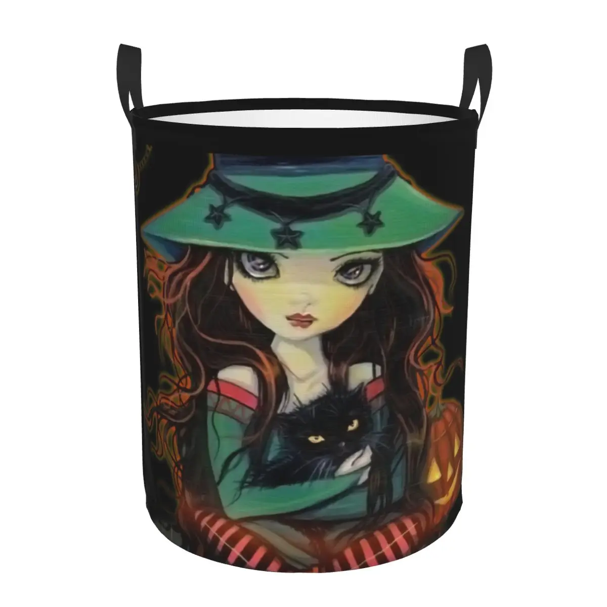 Cute Halloween Witch And Cat Big Eye Laundry Basket Foldable Large Capacity Clothes Storage Bin Molly Harrison Baby Hamper