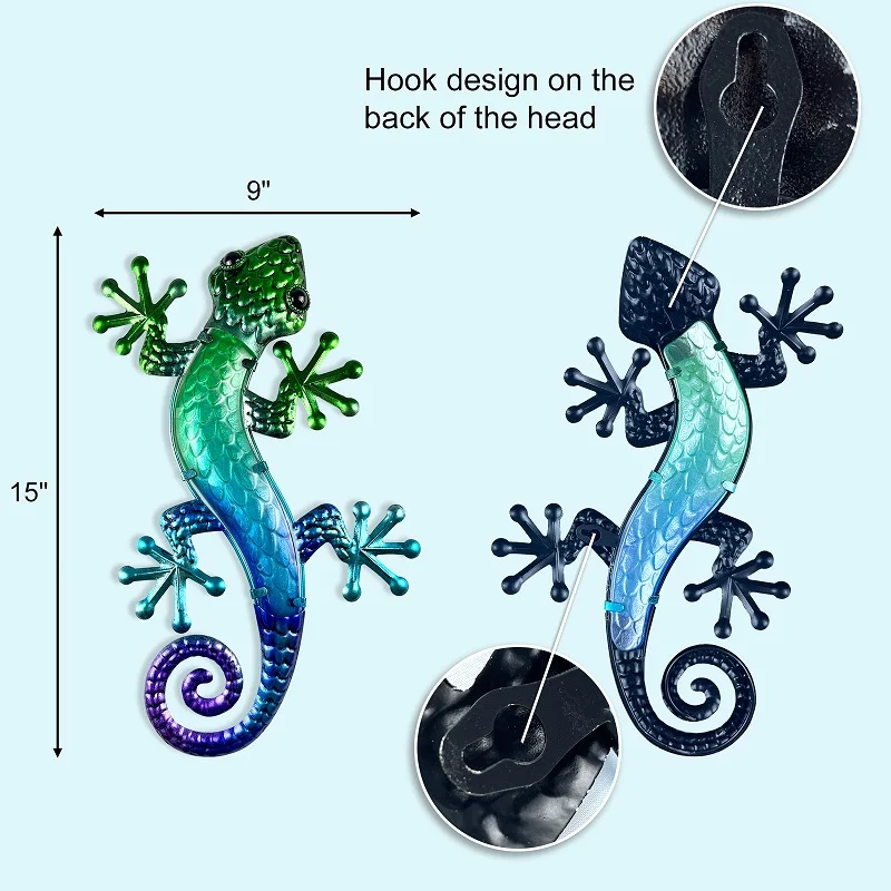 Metalowy gekon sztuka ścienna 15 Cal jaszczurki dekoracja na zewnątrz jaszczurki rzeźby ogrodowe dla ogrodzenie podwórka 2 opakowanie