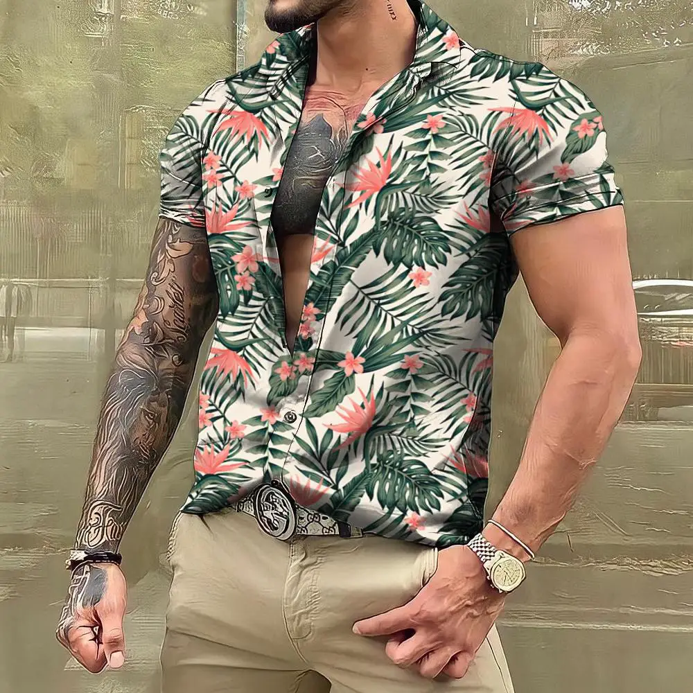 Camisas de folhas havaianas masculinas, manga curta floral, tops casuais de grandes dimensões, sociais, roupas de rua cotidianas, tropicais, 2024