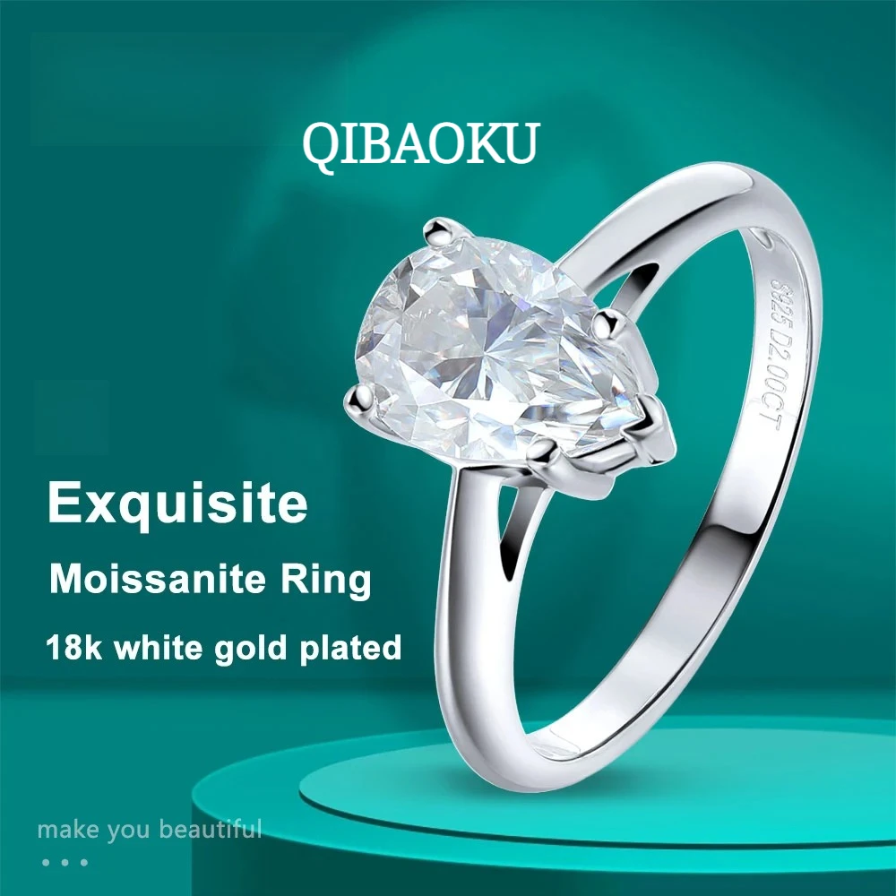 QIBAOKU 7*10mm 2ct Pear Cut Moissanite Solitaire Rings for Women D VVS1 Lab Diamond Fine Jewelry Solid 925 Silver Wedding Ring