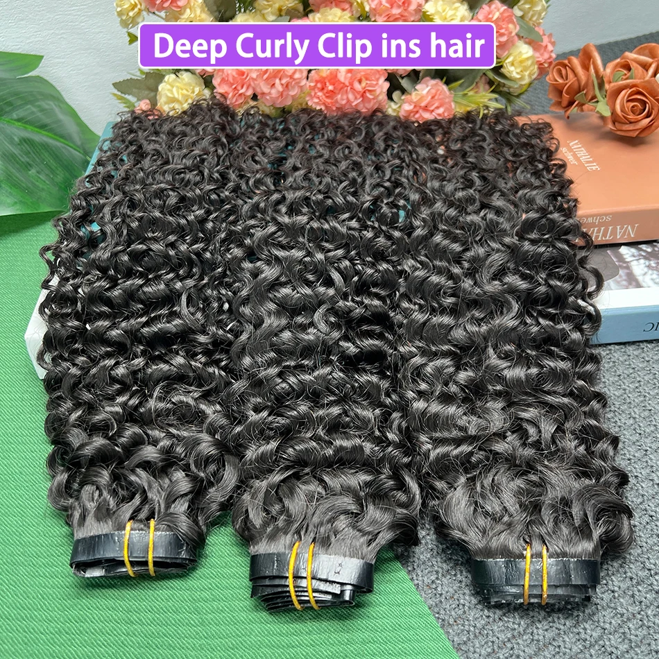 

Глубокие вьющиеся клипсы для наращивания человеческих волос # 1B натуральный черный цвет, 100 грамм/компл., 7 шт., бесшовные утки из искусственной кожи, 100% натуральные человеческие волосы